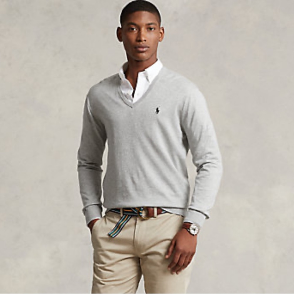 RALPH LAUREN POLO MENS PIMA COTTON V NECK LONG SLEEVE HEATHER GREY SWEATER - Picture 8 of 8